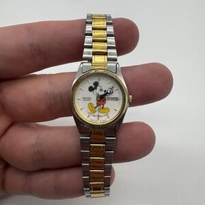 Vintage Disney Mickey Mouse Lorus Seiko Two Tone Oyster Style 26mm Quartz Watch